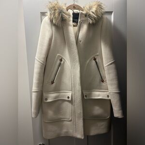 Elegant J. Crew Italian Wool Stadium Coat - Cream with Faux Fur Trim